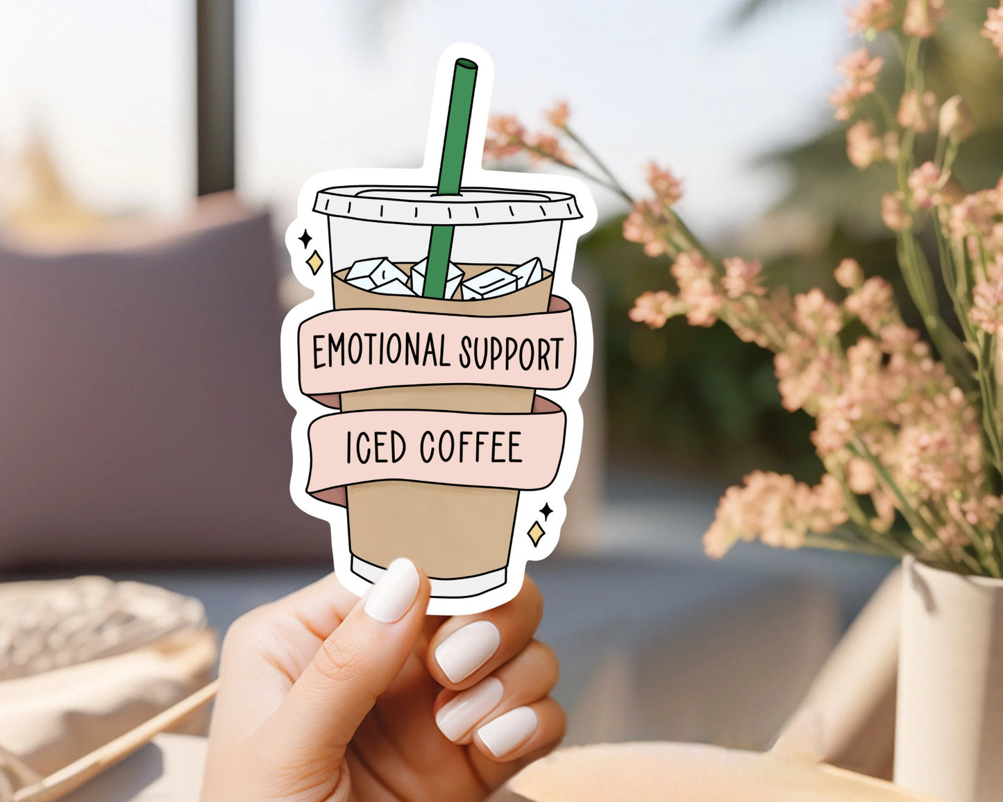 Funny Emotional Support Iced Coffee Sticker - Vinyl Sticker Laptop Illustrated | Coworker Gift, Coffee Lover Sticker Gift