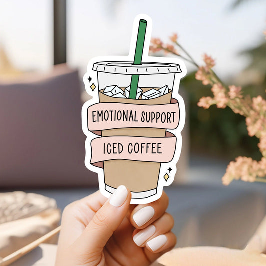 Funny Emotional Support Iced Coffee Sticker - Vinyl Sticker Laptop Illustrated | Coworker Gift, Coffee Lover Sticker Gift