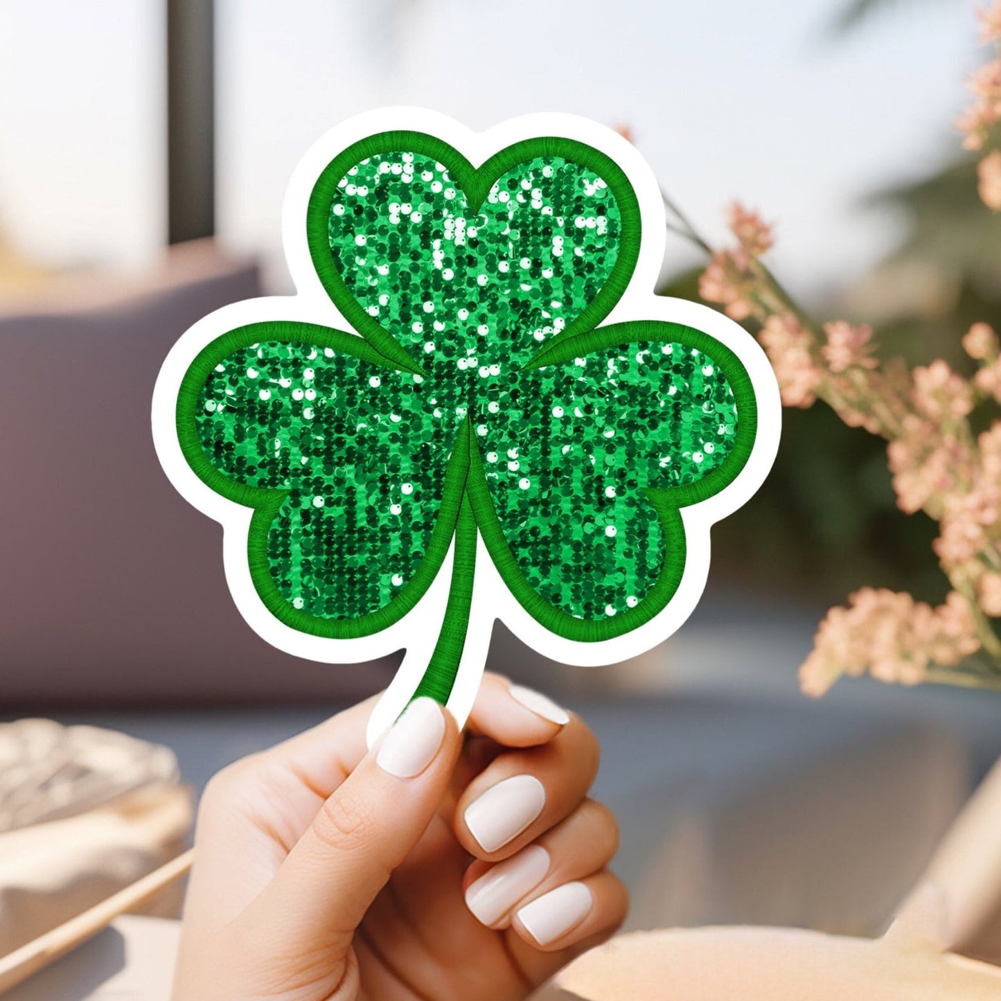 Lucky Sparkle Clover St. Patrick’s Day Sticker Faux Sequin, Weatherproof, vinyl sticker. Perfect for Laptop, journal, water bottle.