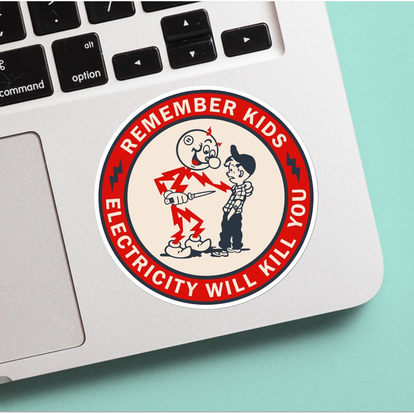 Reddy Kilowatt, Remember Kids Electricity Will Kill You, vintage funny sticker decal, nostalgic gifts, for water bottle, laptop, skateboard