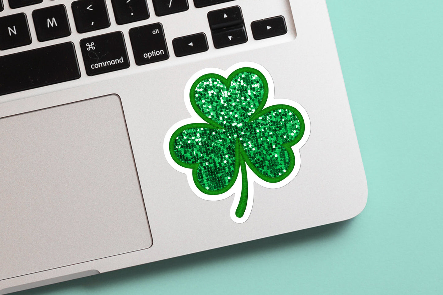 Lucky Sparkle Clover St. Patrick’s Day Sticker Faux Sequin, Weatherproof, vinyl sticker. Perfect for Laptop, journal, water bottle.