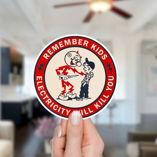 Reddy Kilowatt, Remember Kids Electricity Will Kill You, vintage funny sticker decal, nostalgic gifts, for water bottle, laptop, skateboard