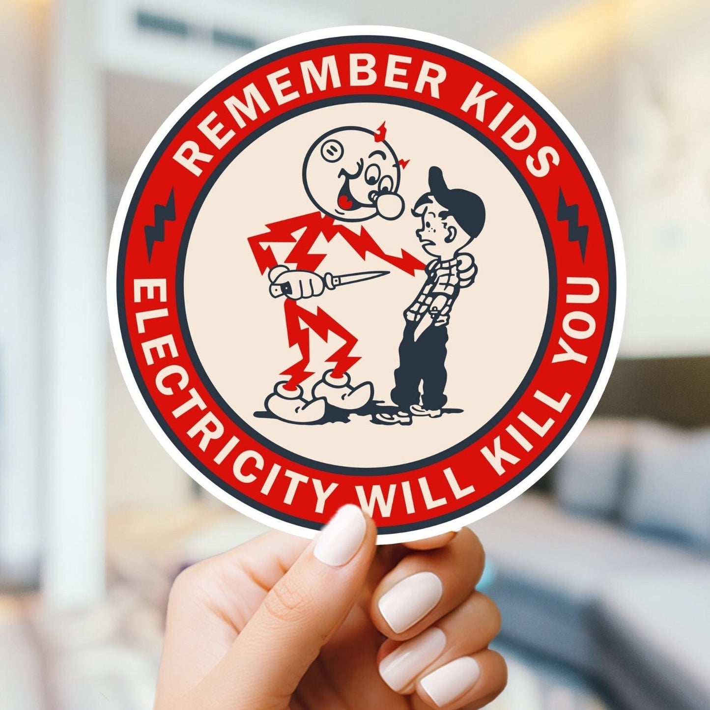 Reddy Kilowatt, Remember Kids Electricity Will Kill You, vintage funny sticker decal, nostalgic gifts, for water bottle, laptop, skateboard