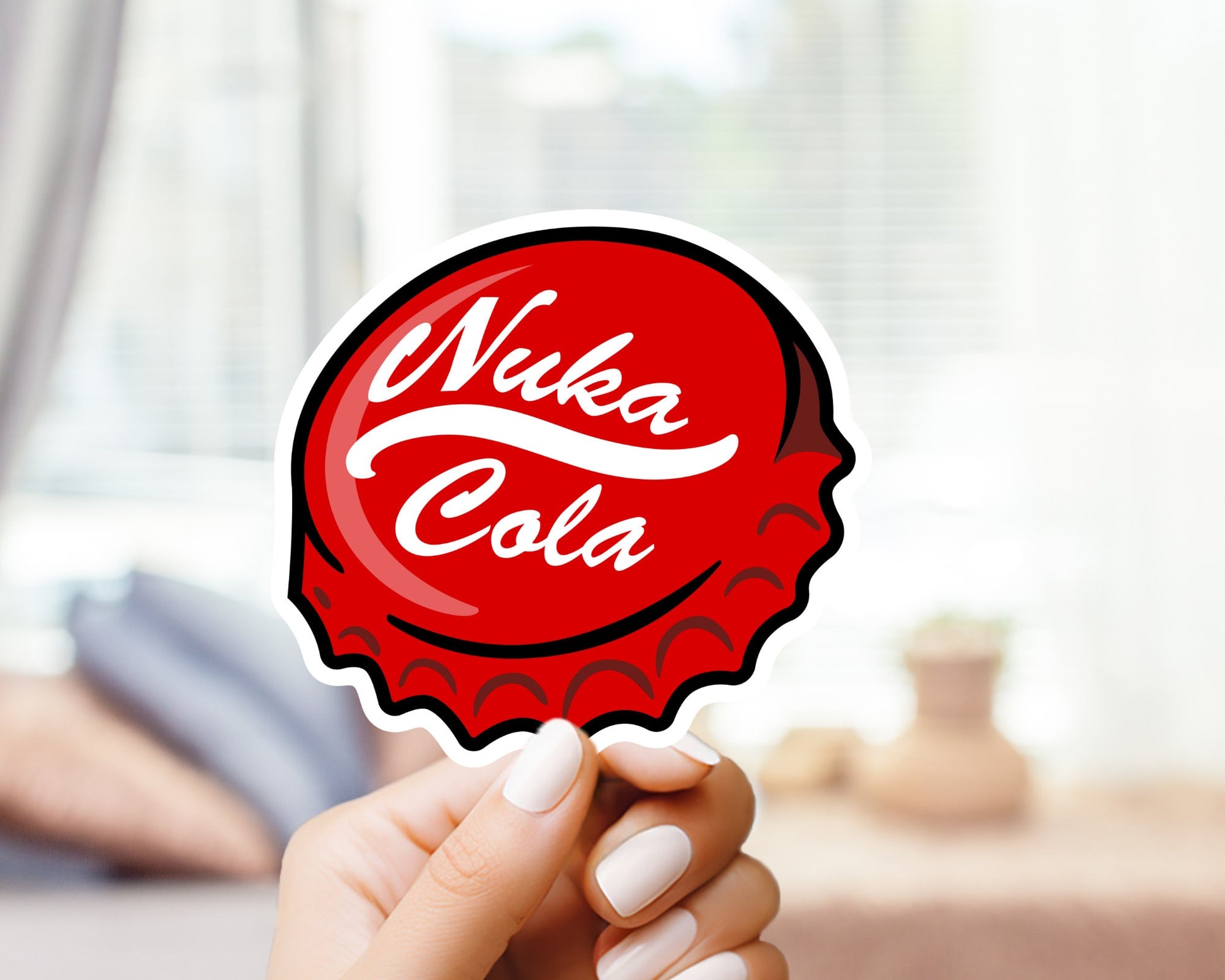 Nuka Cola Bottle Cap Sticker - For Gamers, Gifts for him and her, for Laptop, Water Bottle, Skateboard, CellPhone, Vault Dwellers, Wasteland