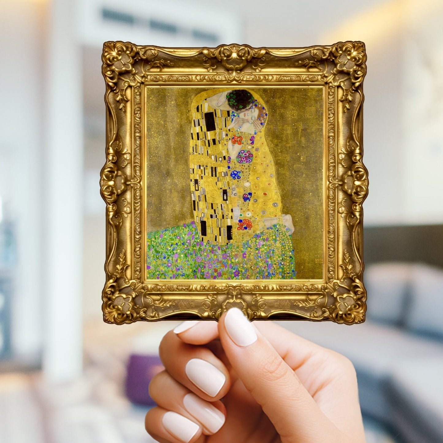 The Kiss by Gustav Klimt in Frame Sticker - For Art Lovers, Water Bottle, Cellphone, Case, Laptop, Weatherproof, Artwork, Gustav Klimt