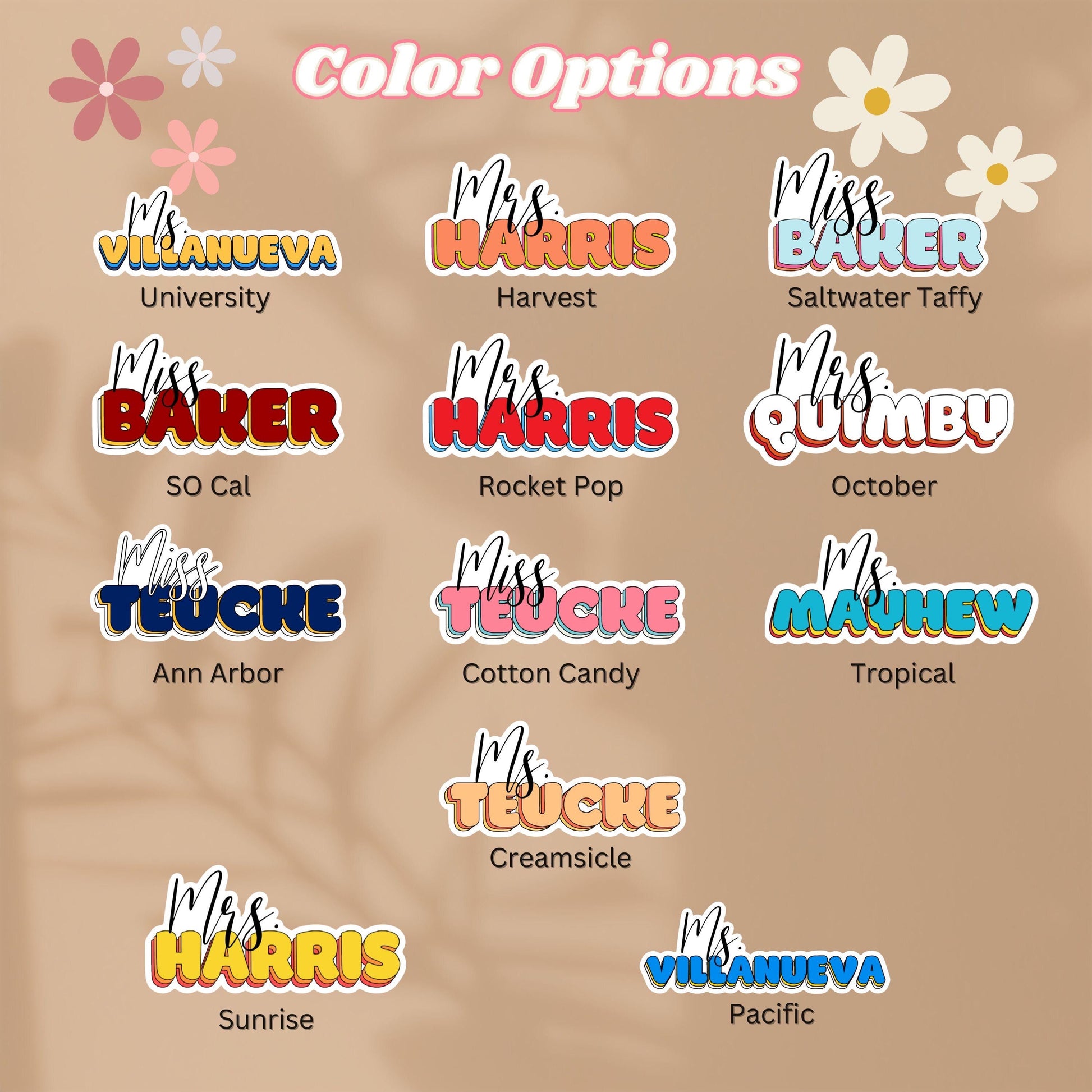 Personalized Teacher Name Tag Stickers - Fun, Colorful, Options and Custom School Colors, for your whole department