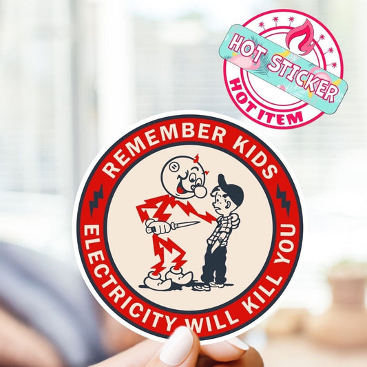 Reddy Kilowatt, Remember Kids Electricity Will Kill You, vintage funny sticker decal, nostalgic gifts, for water bottle, laptop, skateboard