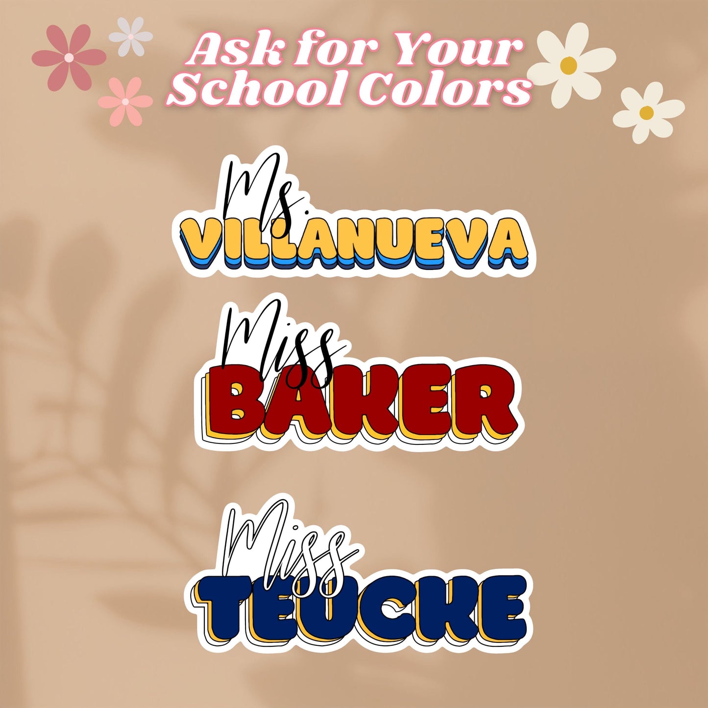 Personalized Teacher Name Tag Stickers - Fun, Colorful, Options and Custom School Colors, for your whole department