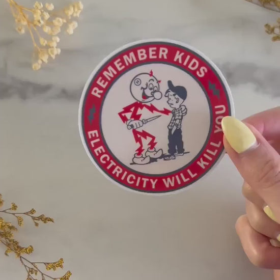 Reddy Kilowatt, Remember Kids Electricity Will Kill You, vintage funny sticker decal, nostalgic gifts, for water bottle, laptop, skateboard