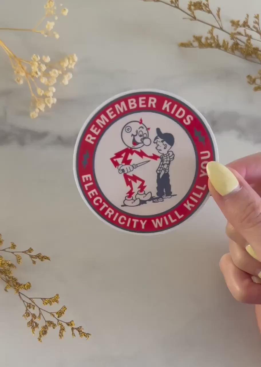 Reddy Kilowatt, Remember Kids Electricity Will Kill You, vintage funny sticker decal, nostalgic gifts, for water bottle, laptop, skateboard